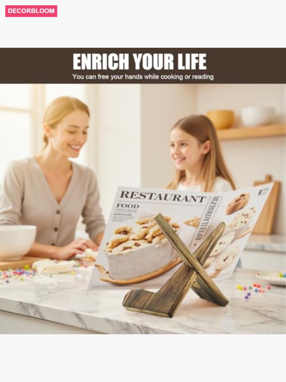 Premium Wood Cookbook Stand - Retro Recipe Holder for Kitchen Counter - Picture 6 of 7